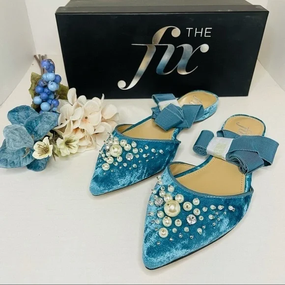 The Fix Women's Porter Pointed Toe Ankle Wrap Flat Slide Pearls Sea Gree… - Picture 2 of 7